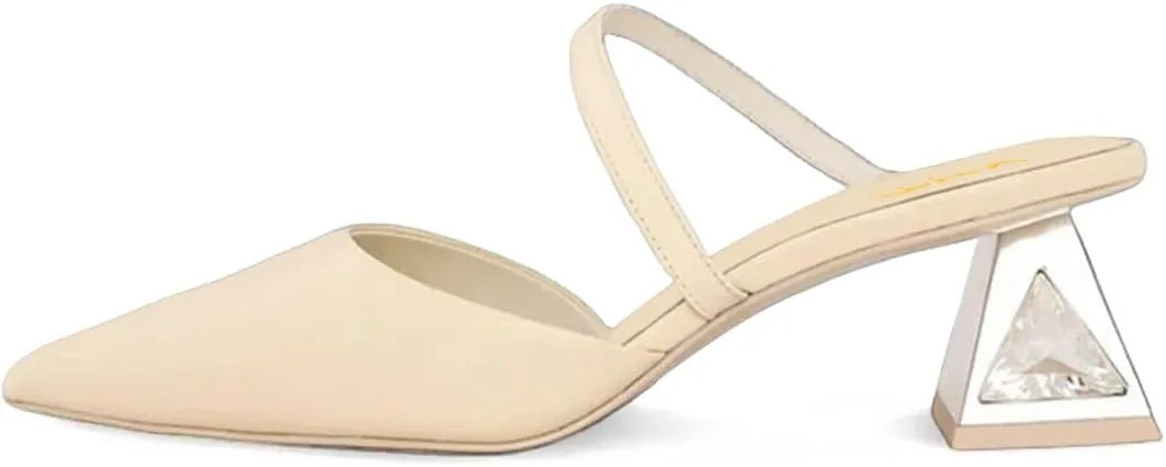 XYD Women Mules Closed Pointed Toe Crystals Chunky Low Heels Single Thin Strap Slip-on Dress Casual Shoes