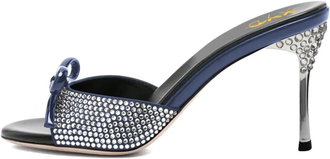 XYD Women Open Toe Bowknot High Heels Mules Sandals Shimmery Rhinestone Studs Slip On Party Event Shoes
