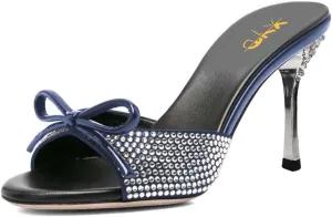 XYD Women Open Toe Bowknot High Heels Mules Sandals Shimmery Rhinestone Studs Slip On Party Event Shoes