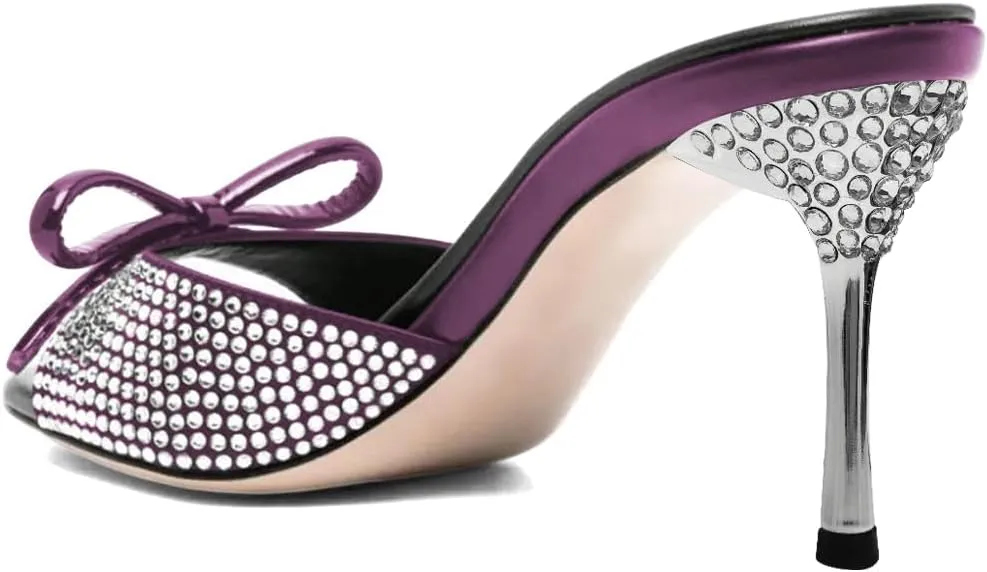 XYD Women Open Toe Bowknot High Heels Mules Sandals Shimmery Rhinestone Studs Slip On Party Event Shoes