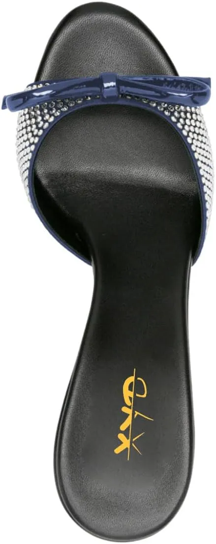 XYD Women Open Toe Bowknot High Heels Mules Sandals Shimmery Rhinestone Studs Slip On Party Event Shoes