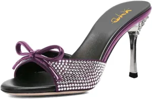 XYD Women Open Toe Bowknot High Heels Mules Sandals Shimmery Rhinestone Studs Slip On Party Event Shoes