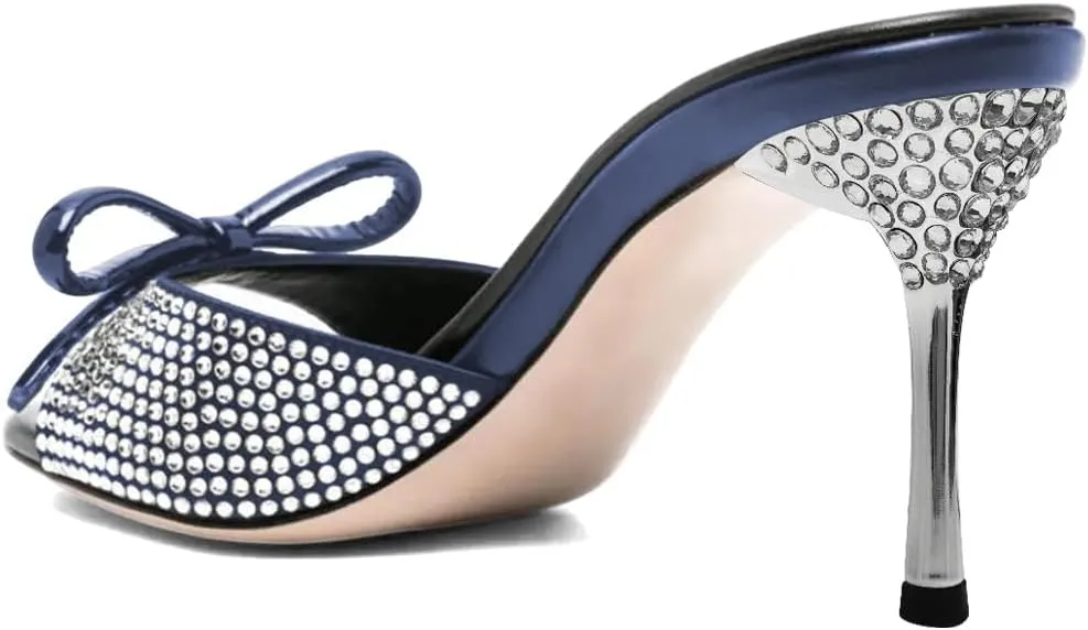 XYD Women Open Toe Bowknot High Heels Mules Sandals Shimmery Rhinestone Studs Slip On Party Event Shoes