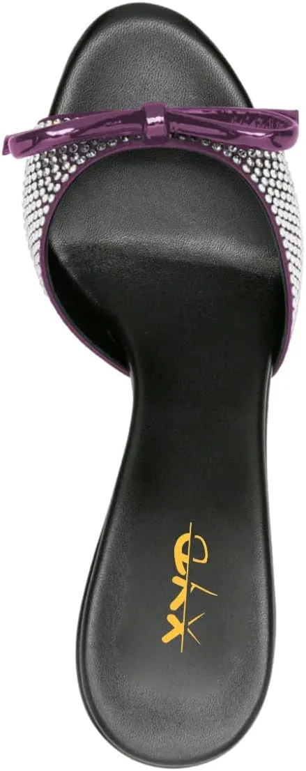 XYD Women Open Toe Bowknot High Heels Mules Sandals Shimmery Rhinestone Studs Slip On Party Event Shoes