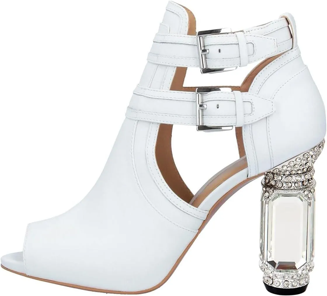XYD Women Peep Toe Booties Style Pumps Fancy Cylindrical Crystal Block Heels Dual Buckles Ladies Event Party Shoes