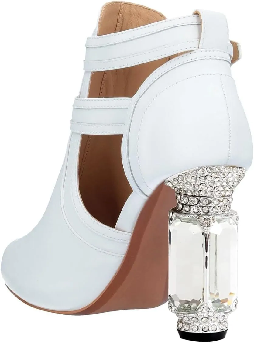 XYD Women Peep Toe Booties Style Pumps Fancy Cylindrical Crystal Block Heels Dual Buckles Ladies Event Party Shoes