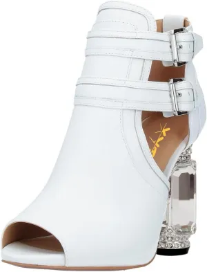 XYD Women Peep Toe Booties Style Pumps Fancy Cylindrical Crystal Block Heels Dual Buckles Ladies Event Party Shoes