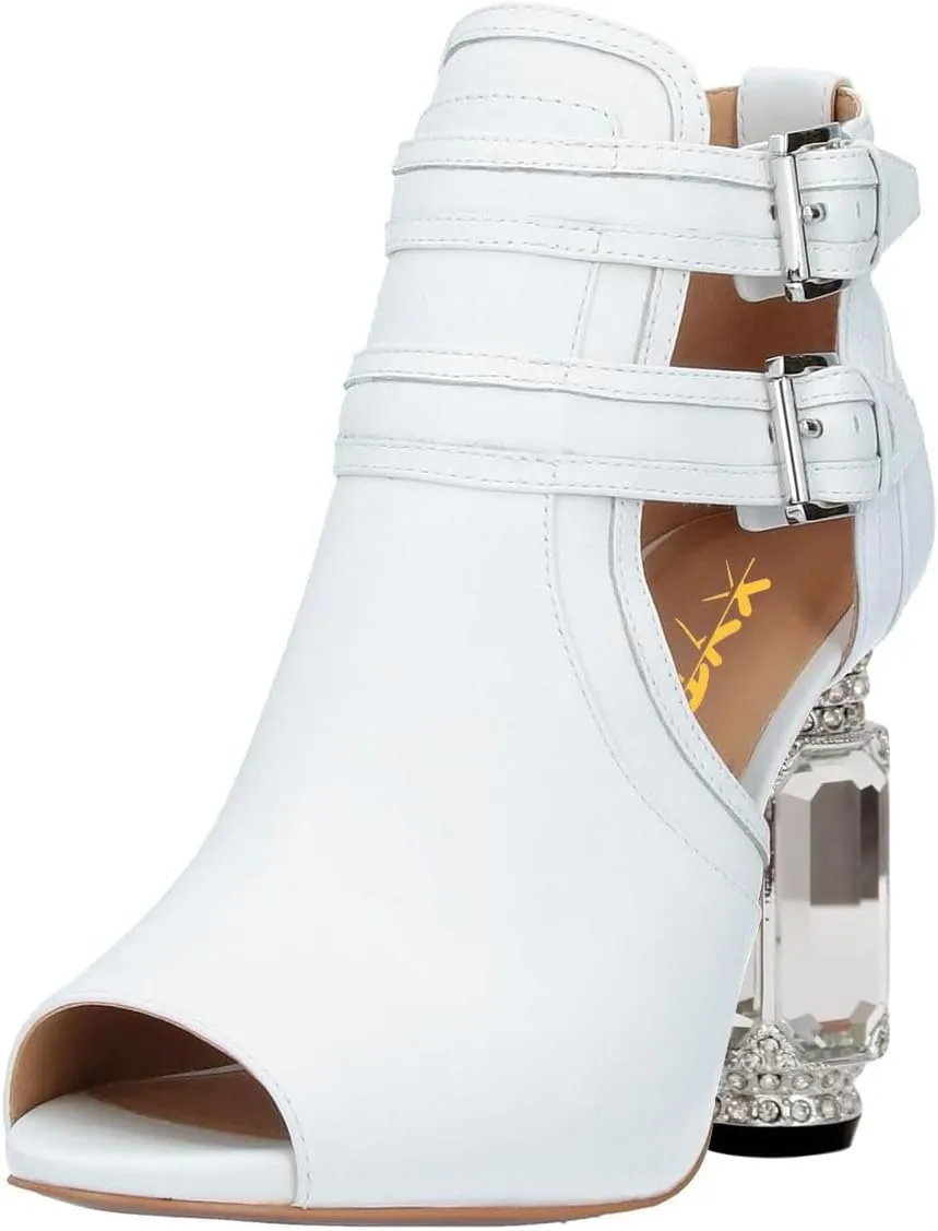 XYD Women Peep Toe Booties Style Pumps Fancy Cylindrical Crystal Block Heels Dual Buckles Ladies Event Party Shoes