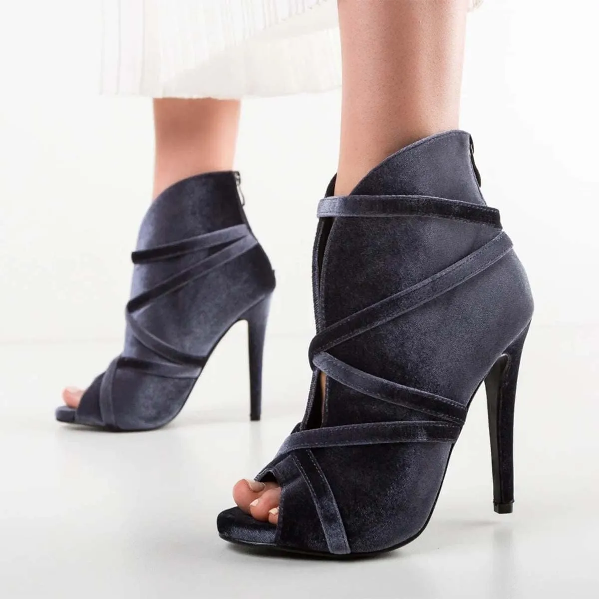 XYD Women Sexy Peep Toe Strappy Cutout High Heel Ankle Boots Stiletto Short Bootie Cocktail Nightclub Prom Dressy Shoes with Back Zipper