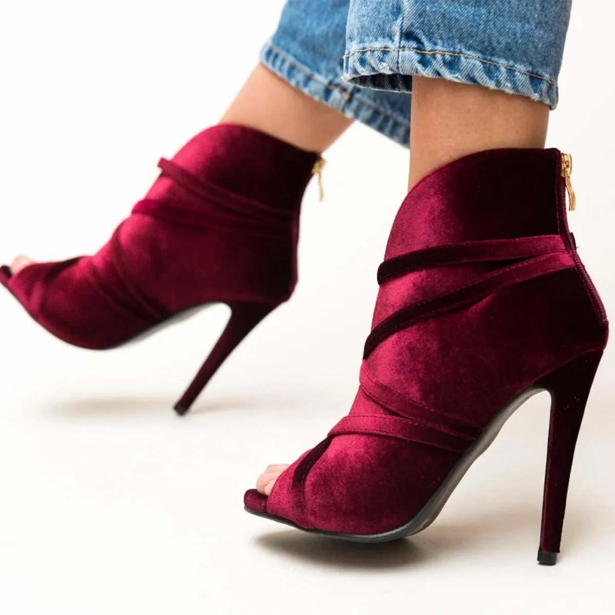 XYD Women Sexy Peep Toe Strappy Cutout High Heel Ankle Boots Stiletto Short Bootie Cocktail Nightclub Prom Dressy Shoes with Back Zipper