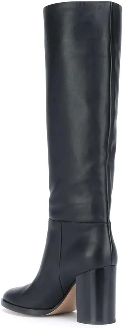 XYD Women Stretchy Pull On Calf Boots Retro Round Toe Waterproof Knee High Booties Chunky Blocked High Heel Casual Daily Wear Office Outdoor Shoes