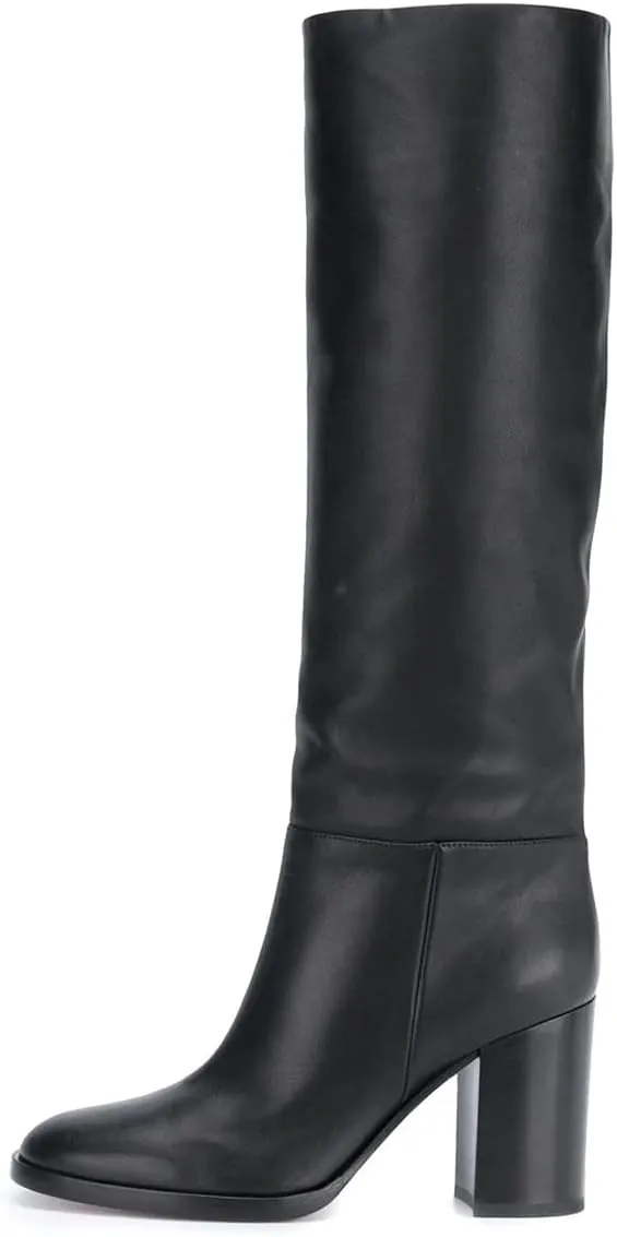 XYD Women Stretchy Pull On Calf Boots Retro Round Toe Waterproof Knee High Booties Chunky Blocked High Heel Casual Daily Wear Office Outdoor Shoes