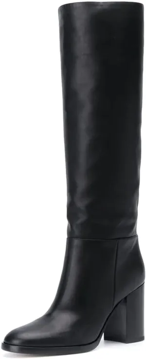 XYD Women Stretchy Pull On Calf Boots Retro Round Toe Waterproof Knee High Booties Chunky Blocked High Heel Casual Daily Wear Office Outdoor Shoes