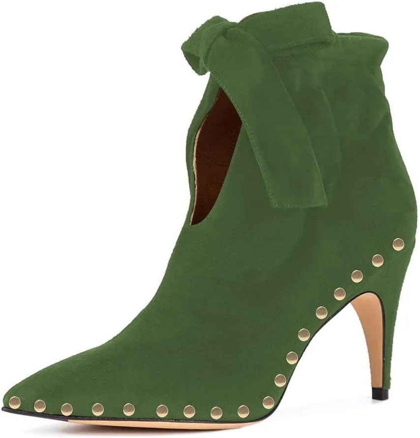 XYD Women Studded Pointed Toe Ankle Booties Kitten Mid Heels Stylish Short Boots with Bow Party Shoes