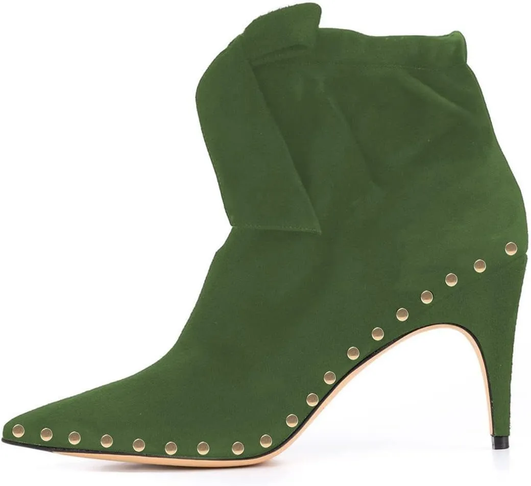 XYD Women Studded Pointed Toe Ankle Booties Kitten Mid Heels Stylish Short Boots with Bow Party Shoes