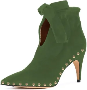 XYD Women Studded Pointed Toe Ankle Booties Kitten Mid Heels Stylish Short Boots with Bow Party Shoes