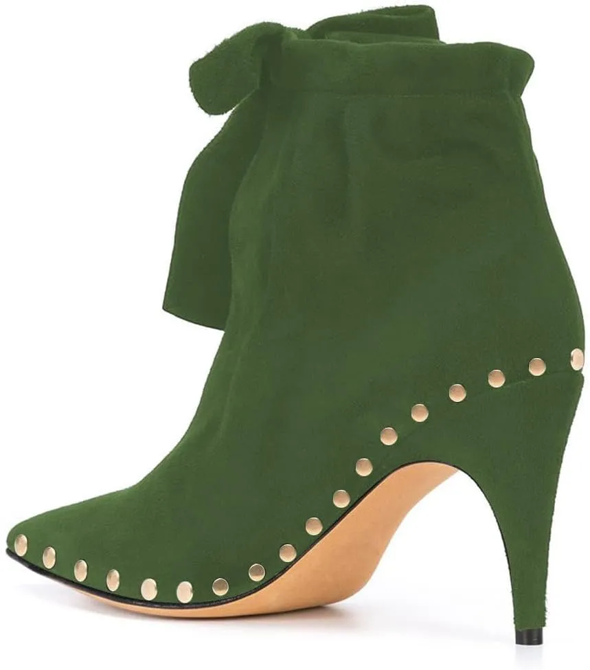 XYD Women Studded Pointed Toe Ankle Booties Kitten Mid Heels Stylish Short Boots with Bow Party Shoes
