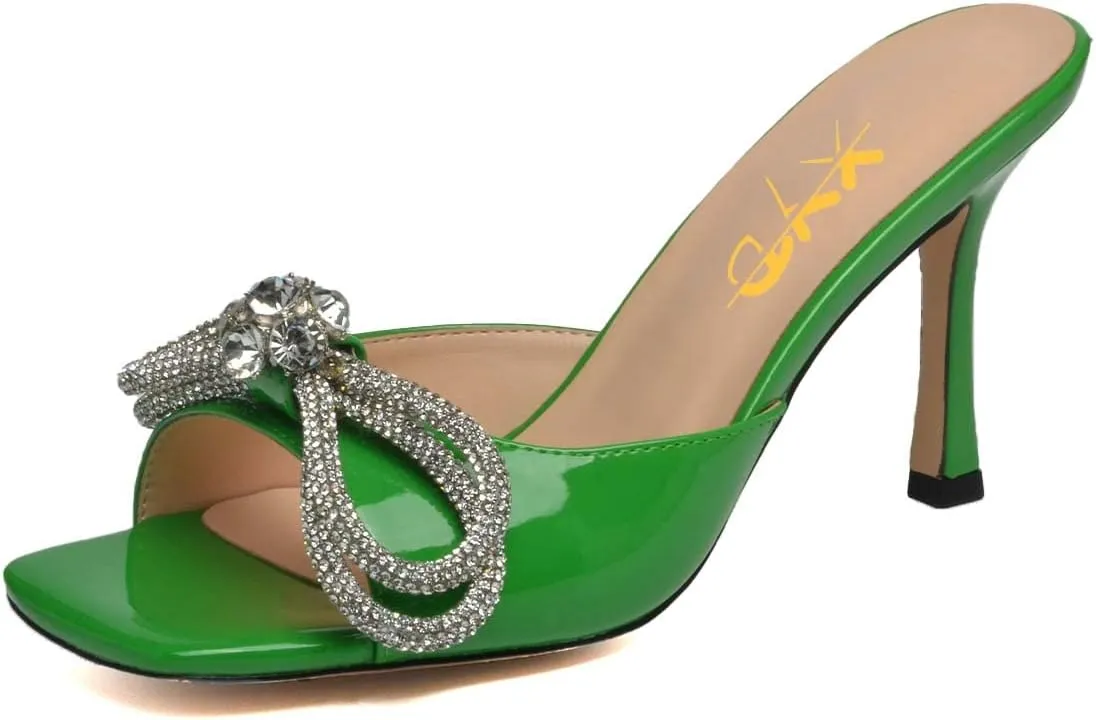 XYD Women Stylish Open Square Toe Mid Spool Heel Mules Studded Bow Tie with Floral Rhinestones Decor Slip-on Slides Sandal Dress Party Causal Dress Summer Vacation Shoes