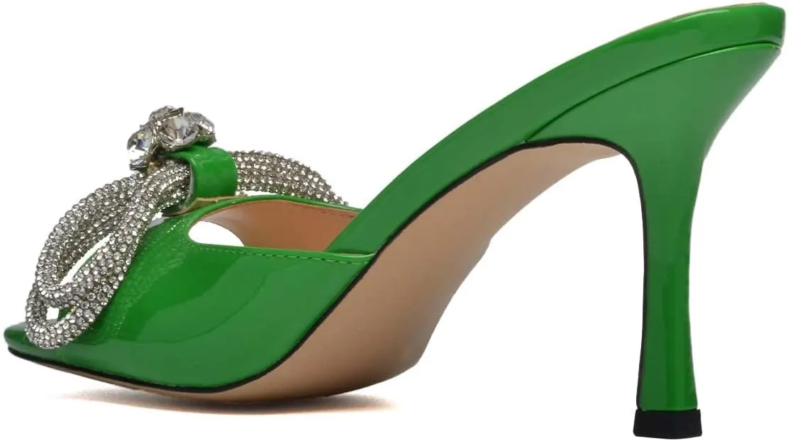XYD Women Stylish Open Square Toe Mid Spool Heel Mules Studded Bow Tie with Floral Rhinestones Decor Slip-on Slides Sandal Dress Party Causal Dress Summer Vacation Shoes