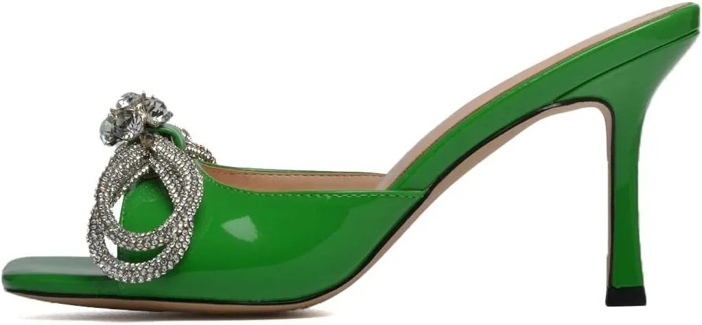 XYD Women Stylish Open Square Toe Mid Spool Heel Mules Studded Bow Tie with Floral Rhinestones Decor Slip-on Slides Sandal Dress Party Causal Dress Summer Vacation Shoes