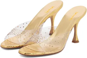 XYD Women Transparent Open Toe Studded Mules Sexy High Heel Sandals Stiletto Stylish Clear PVC Dress Shoes