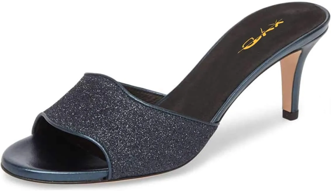 XYD Women Trendy Open Toe Mid Heel Mules Slip On Sandals Glitter Dress Slide Slippers