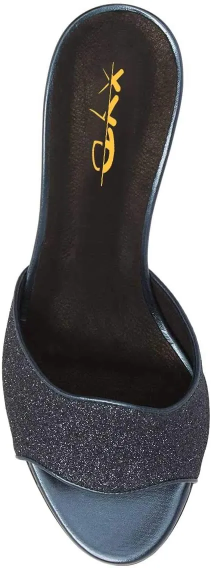 XYD Women Trendy Open Toe Mid Heel Mules Slip On Sandals Glitter Dress Slide Slippers