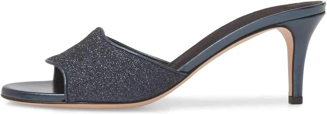XYD Women Trendy Open Toe Mid Heel Mules Slip On Sandals Glitter Dress Slide Slippers