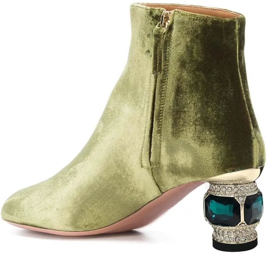 XYD Women Velvet Closed Round Toe Ankle Boots Zipper Side Fashion Gem Crystal Block Low Heel Party Event Booties Shoes