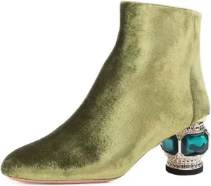 XYD Women Velvet Closed Round Toe Ankle Boots Zipper Side Fashion Gem Crystal Block Low Heel Party Event Booties Shoes
