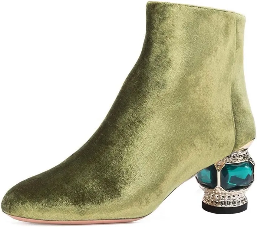 XYD Women Velvet Closed Round Toe Ankle Boots Zipper Side Fashion Gem Crystal Block Low Heel Party Event Booties Shoes
