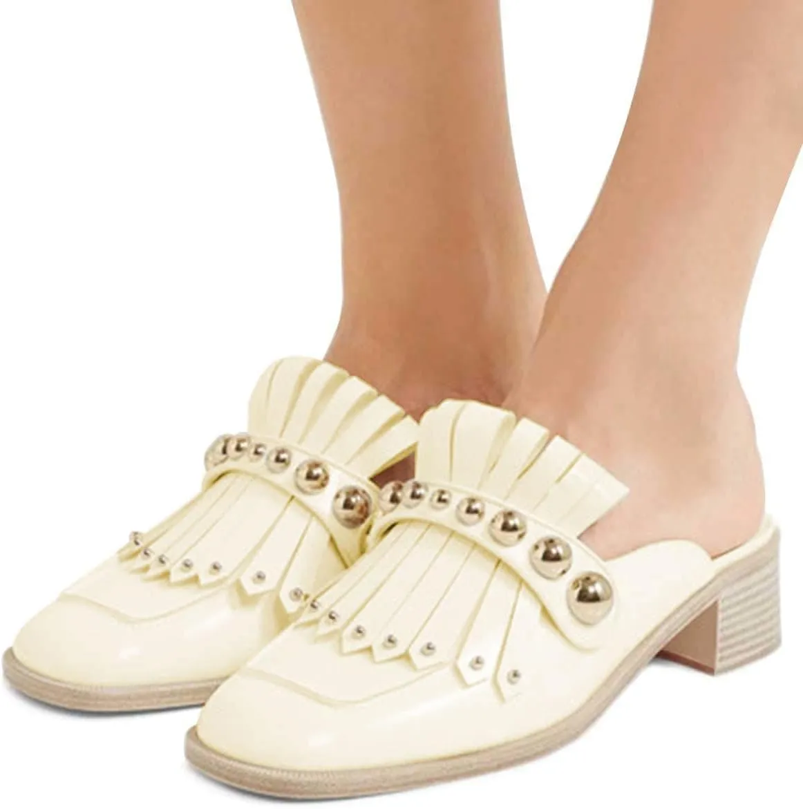 XYD Women's Chic Studs Short Low Chunky Heel Mules Tassels Square Toe Backless Casual Dress Sandals Shoes
