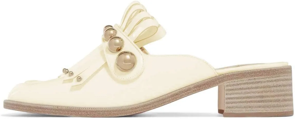 XYD Women's Chic Studs Short Low Chunky Heel Mules Tassels Square Toe Backless Casual Dress Sandals Shoes