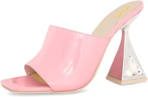 XYD Women's Open Square Toe Mule Fashion Flared High Heel with Crystals Slip On Slides Sandals Event Date Party Shoes
