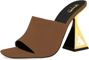 XYD Women's Open Square Toe Mule Fashion Flared High Heel with Crystals Slip On Slides Sandals Event Date Party Shoes