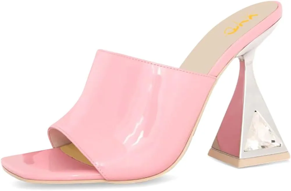 XYD Women's Open Square Toe Mule Fashion Flared High Heel with Crystals Slip On Slides Sandals Event Date Party Shoes