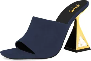 XYD Women's Open Square Toe Mule Fashion Flared High Heel with Crystals Slip On Slides Sandals Event Date Party Shoes