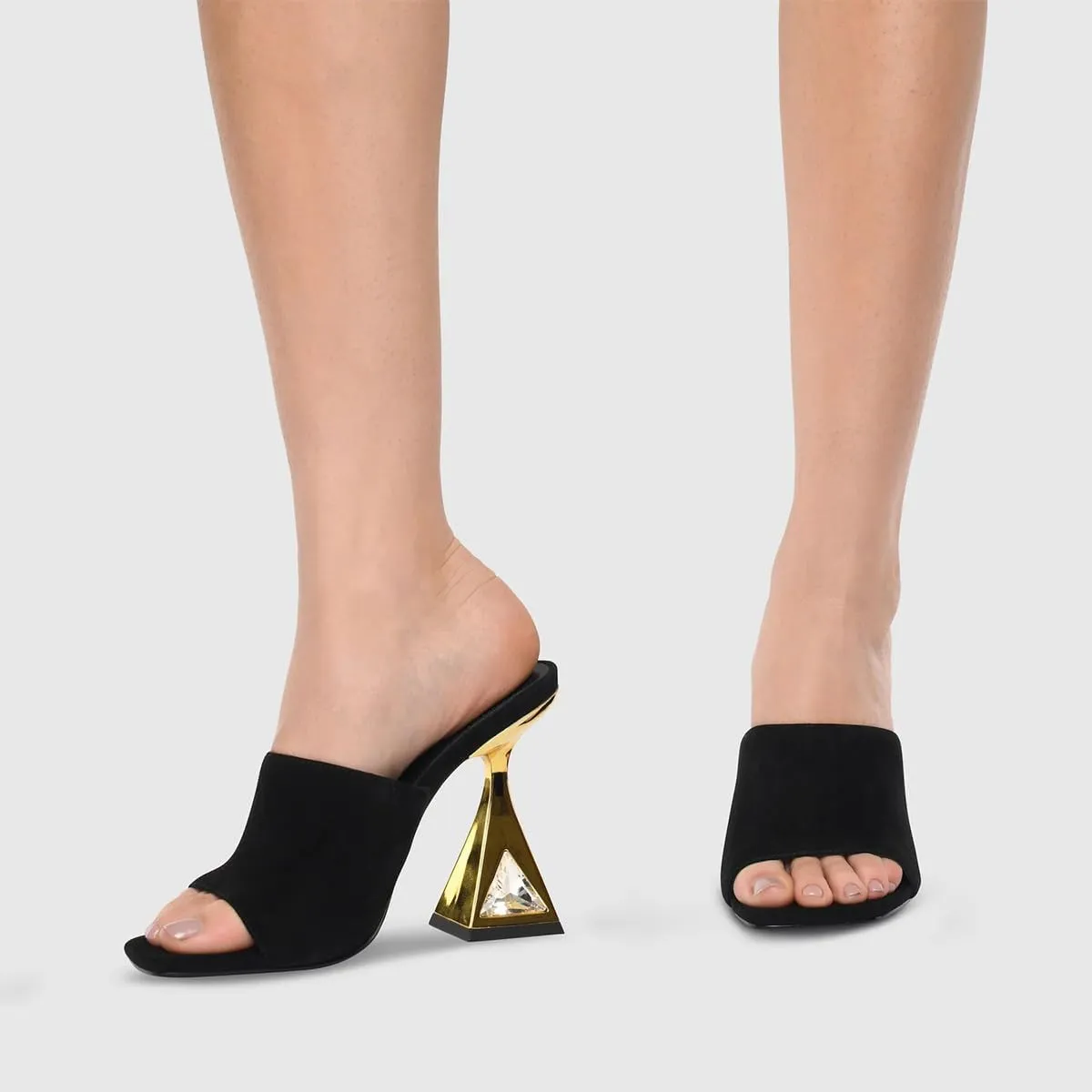 XYD Women's Open Square Toe Mule Fashion Flared High Heel with Crystals Slip On Slides Sandals Event Date Party Shoes