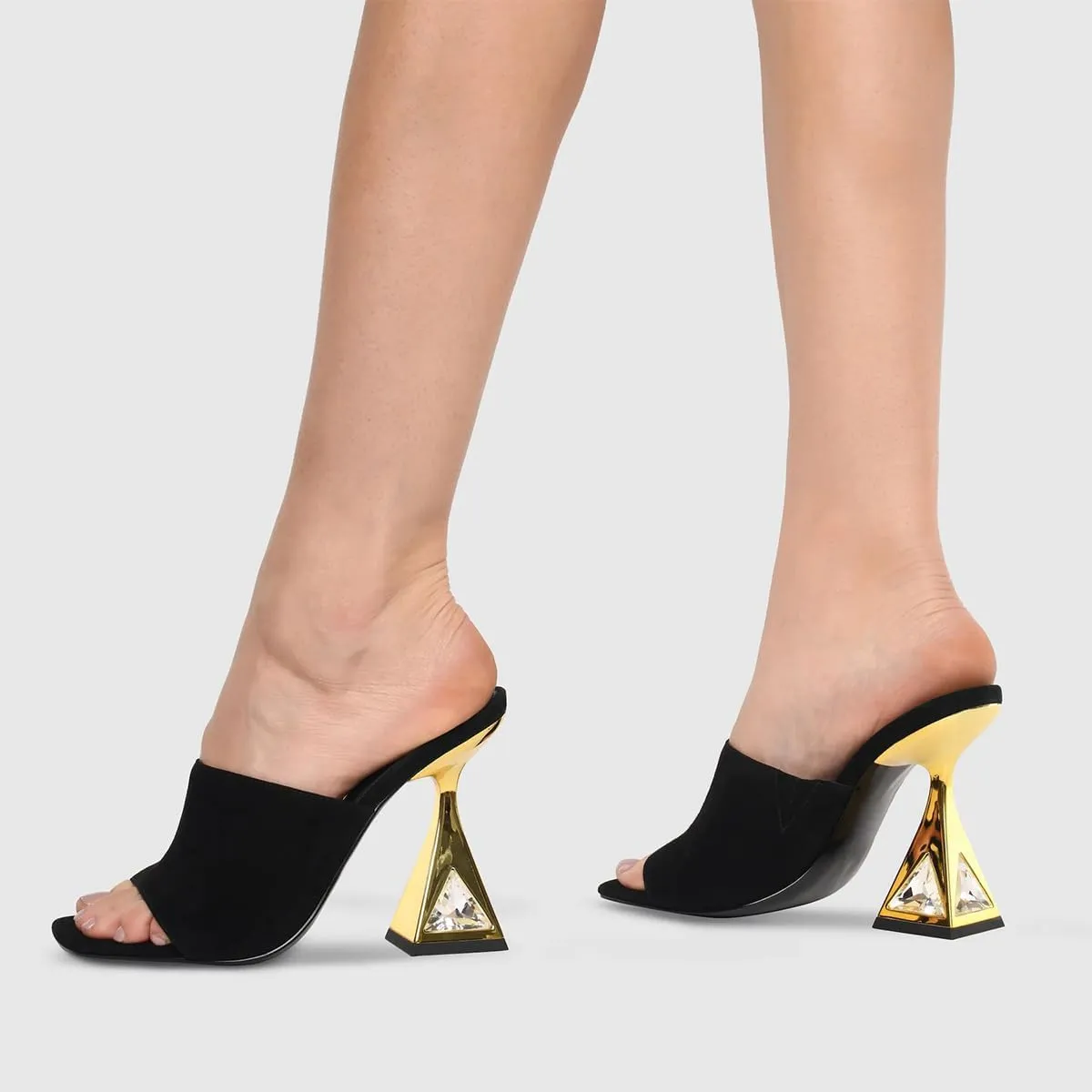 XYD Women's Open Square Toe Mule Fashion Flared High Heel with Crystals Slip On Slides Sandals Event Date Party Shoes