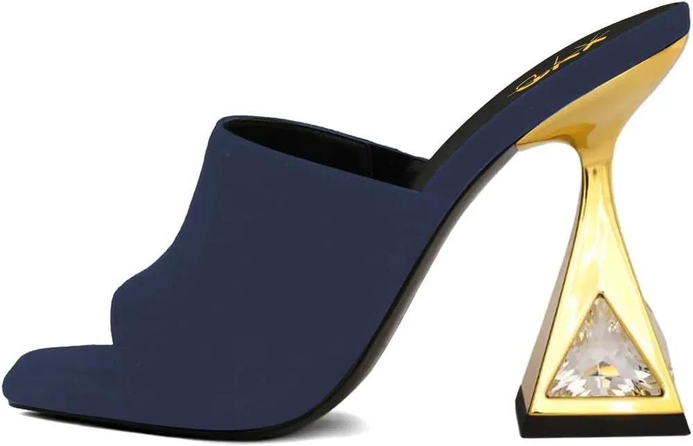 XYD Women's Open Square Toe Mule Fashion Flared High Heel with Crystals Slip On Slides Sandals Event Date Party Shoes