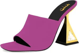 XYD Women's Open Square Toe Mule Fashion Flared High Heel with Crystals Slip On Slides Sandals Event Date Party Shoes