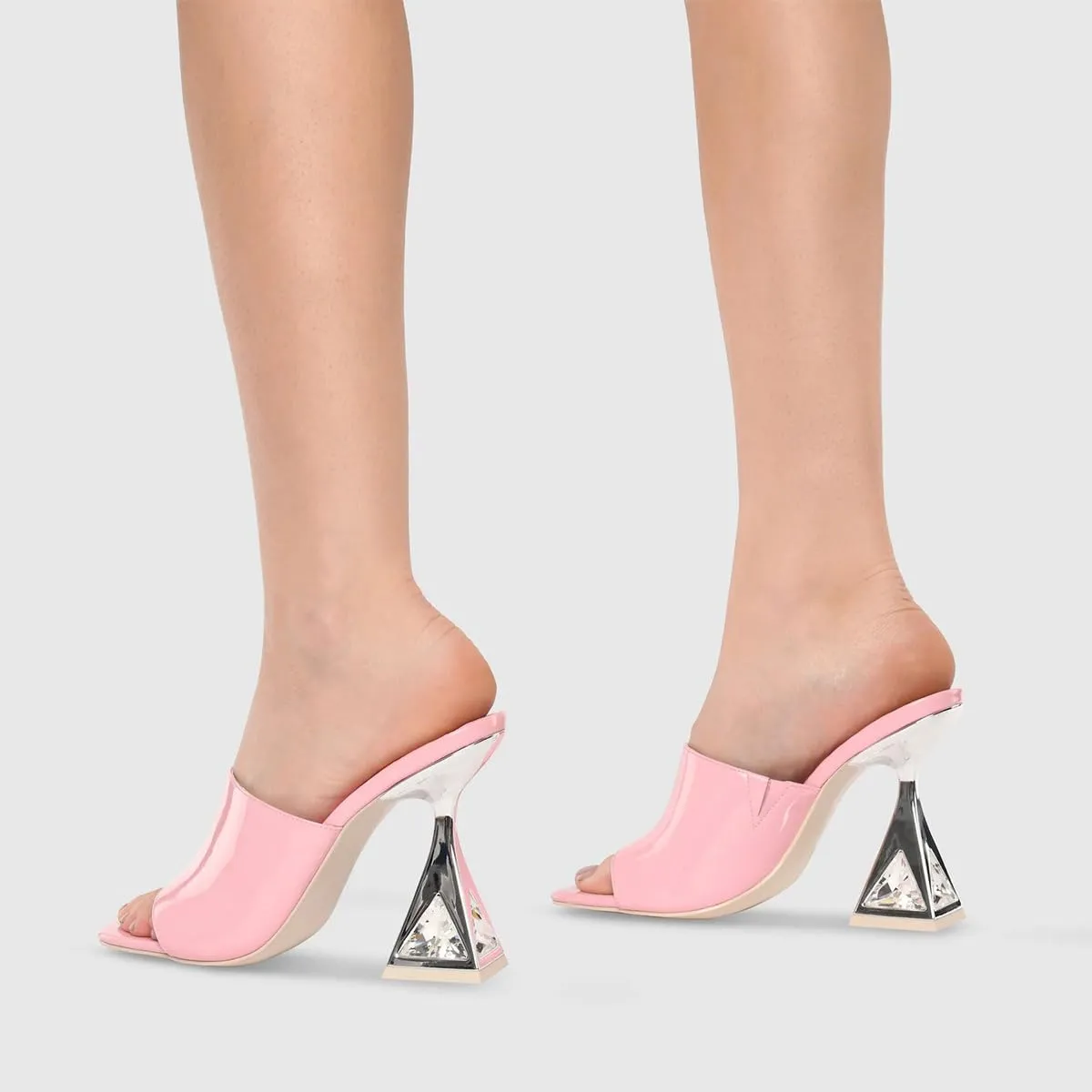 XYD Women's Open Square Toe Mule Fashion Flared High Heel with Crystals Slip On Slides Sandals Event Date Party Shoes