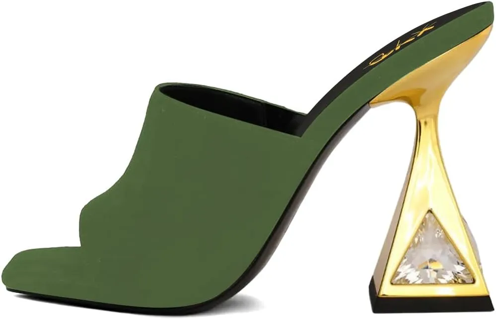 XYD Women's Open Square Toe Mule Fashion Flared High Heel with Crystals Slip On Slides Sandals Event Date Party Shoes