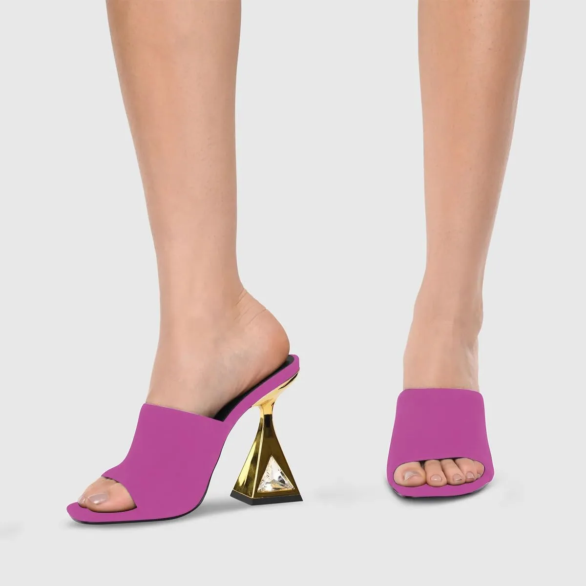 XYD Women's Open Square Toe Mule Fashion Flared High Heel with Crystals Slip On Slides Sandals Event Date Party Shoes