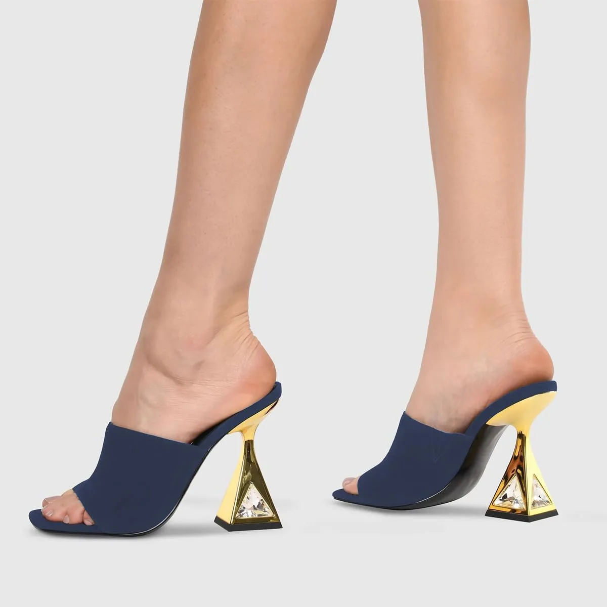 XYD Women's Open Square Toe Mule Fashion Flared High Heel with Crystals Slip On Slides Sandals Event Date Party Shoes