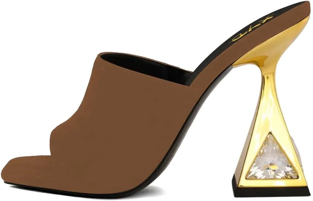 XYD Women's Open Square Toe Mule Fashion Flared High Heel with Crystals Slip On Slides Sandals Event Date Party Shoes