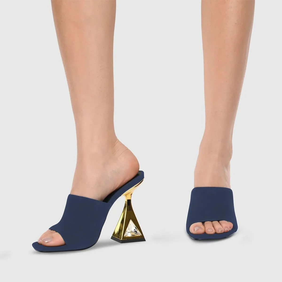 XYD Women's Open Square Toe Mule Fashion Flared High Heel with Crystals Slip On Slides Sandals Event Date Party Shoes