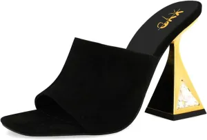 XYD Women's Open Square Toe Mule Fashion Flared High Heel with Crystals Slip On Slides Sandals Event Date Party Shoes