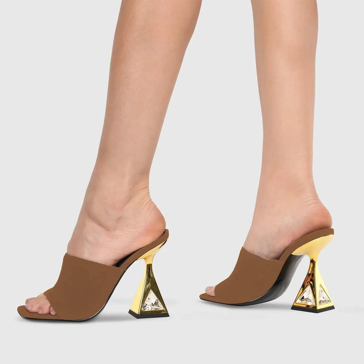 XYD Women's Open Square Toe Mule Fashion Flared High Heel with Crystals Slip On Slides Sandals Event Date Party Shoes