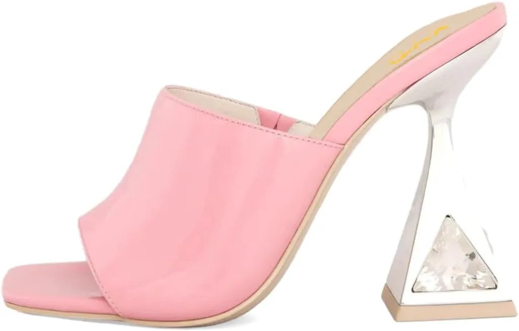 XYD Women's Open Square Toe Mule Fashion Flared High Heel with Crystals Slip On Slides Sandals Event Date Party Shoes